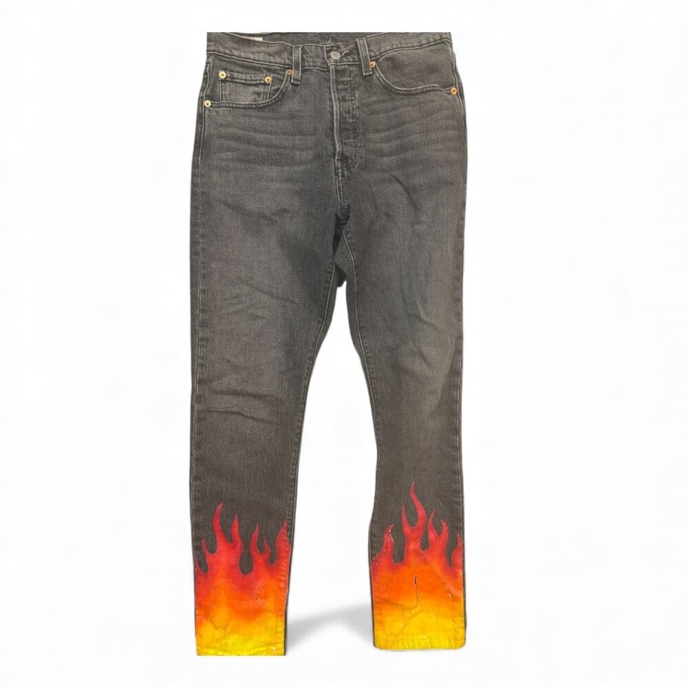 Y2K Custom Hand-Painted Levi’s-Style Jeans – OOAK Flames Rainbow – Size 28 - Picture 2 of 3